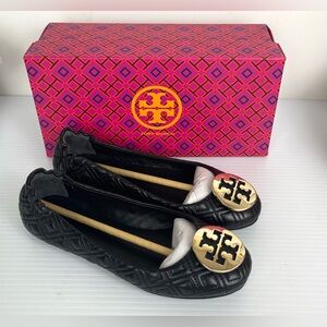 Tory Burch Quilted Minnie Nappa Leather Ballet Flat Women's Sz 6.5 Black Gold